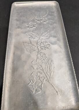 Vintage 11" Hammered Aluminum Tray Embossed Dogwood Floral Cottagecore Vanity